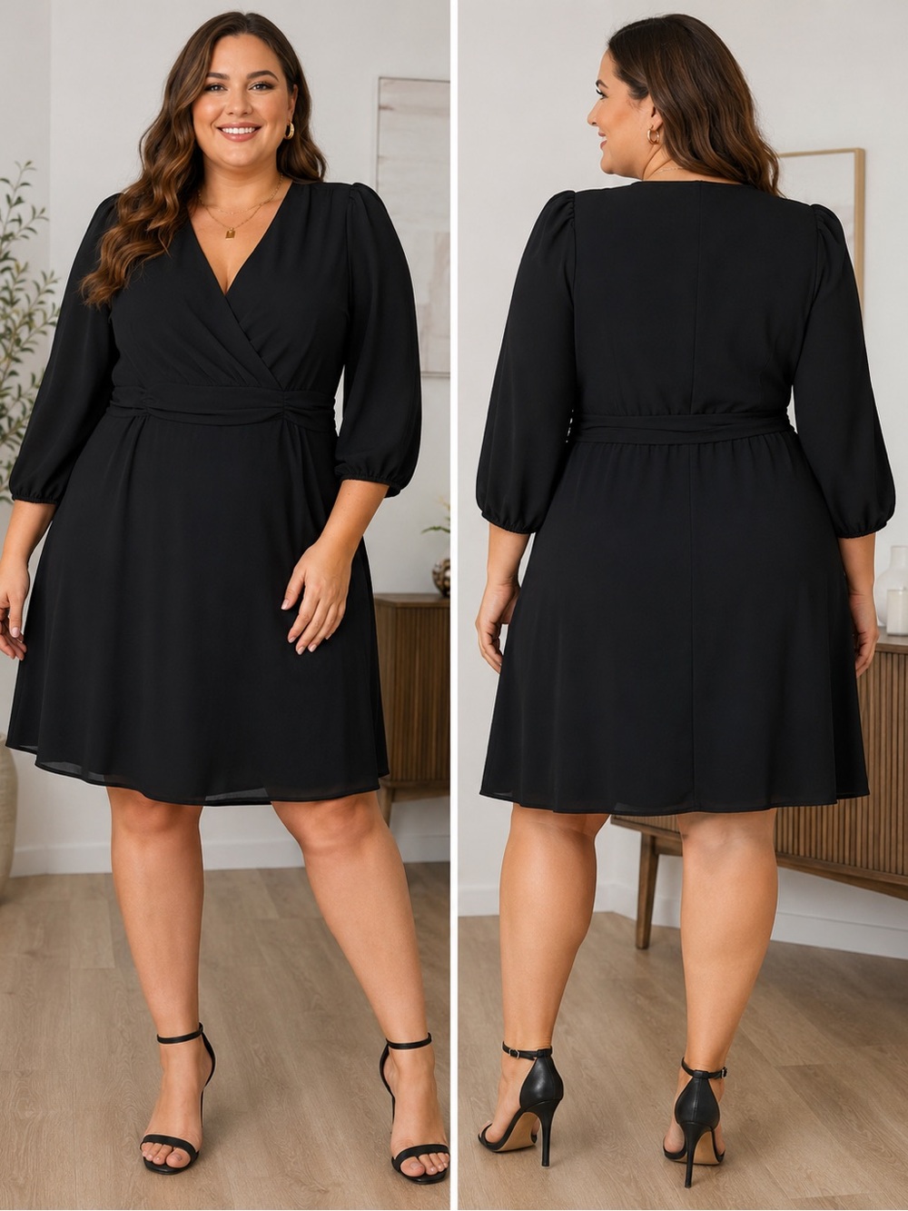 London Times Black V-Neck Wrap Fit-and-Flare Dress